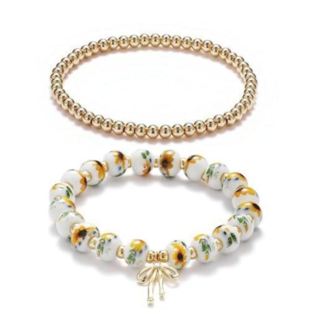 2266 Beads Bow Charm Bracelet Sunflower Vintage Bracelet Handmade Stretch